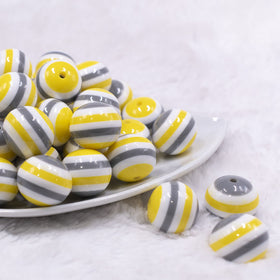 20mm Yellow, Gray & White Stripes Chunky Bubblegum Jewelry Beads
