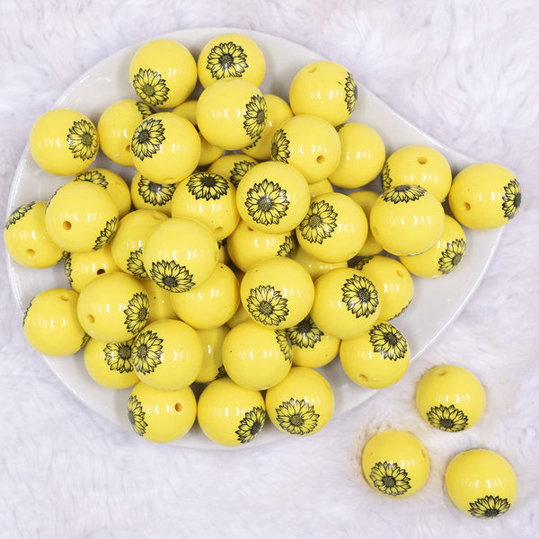 Top view of a pile of 20mm Sunflower print on Yellow Chunky Acrylic Bubblegum Beads [10 Count]