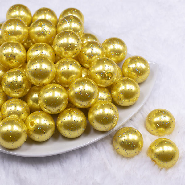 Front view of a pile of 20mm Yellow with Glitter Faux Pearl Bubblegum Beads