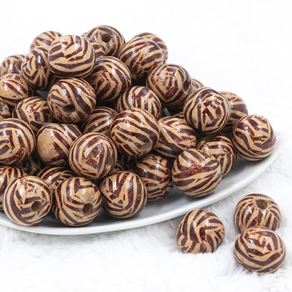 Front view of a pile of 20mm Zebra Print Wooden Beads