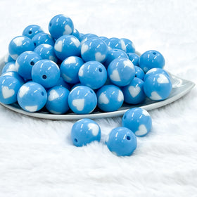 20mm Carolina Blue with White Hearts Bubblegum Beads