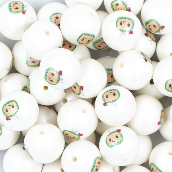 Close Up view of a pile of 20mm Coco Melon Print Chunky Acrylic Baubblegum Beads