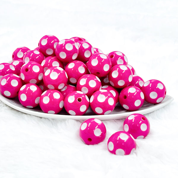 front view of a pile of 20mm Hot Pink with White Polka Dots Chunky Acrylic Bubblegum Beads