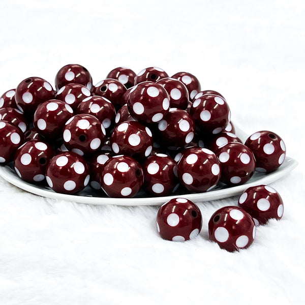 front view of a pile of 20mm Wine Red with White Polka Dots Chunky Resin Bubblegum Beads