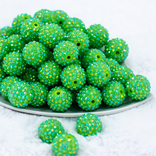 Front view of a pile of 20mm Green Apple Rhinestone AB Bubblegum Beads
