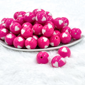 20mm Pink with White Hearts Resin Bubblegum Beads