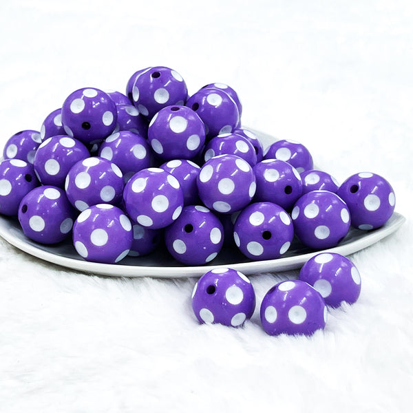 20mm Purple with White Polka Dots Acrylic Bubblegum Beads