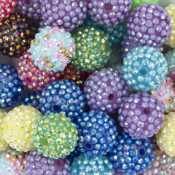 Close up view of a pile of 20mm Rhinestone AB Acrylic Bubblegum Bead Mix [50 Count]