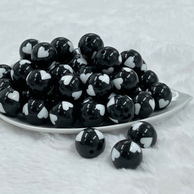 20mm Black with White Hearts Bubblegum Beads
