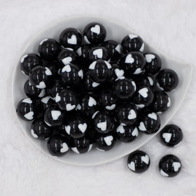 20mm Black with White Hearts Bubblegum Beads