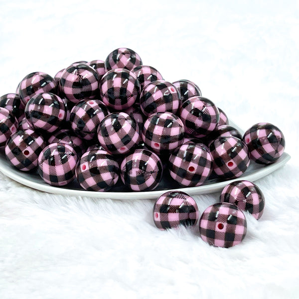 front view of a pile of 20mm Pink with Black Plaid Print Chunky Acrylic Bubblegum Beads