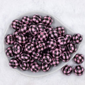 20mm Pink with Black Plaid Print Acrylic Bubblegum Beads