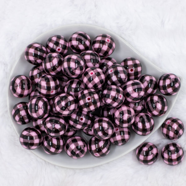 top view of a pile of 20mm Pink with Black Plaid Print Chunky Acrylic Bubblegum Beads