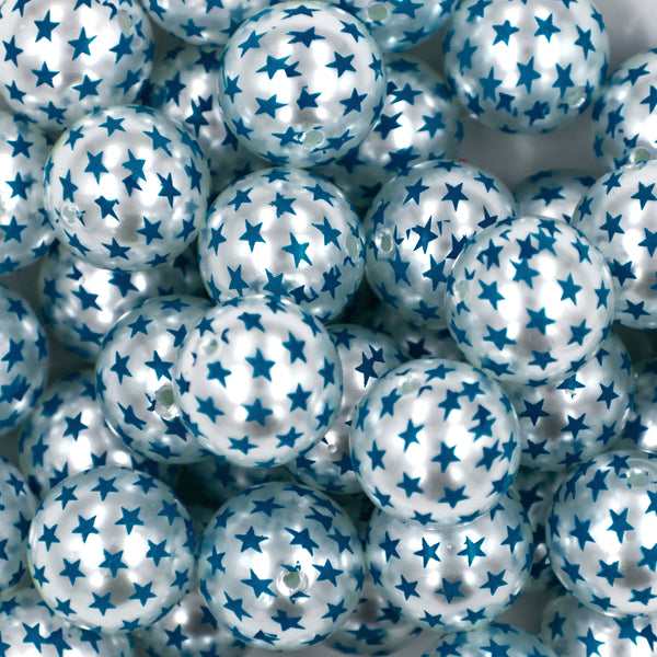 Close up view of a pile of 20mm Silver Pearl with Blue Stars Acrylic Bubblegum Beads