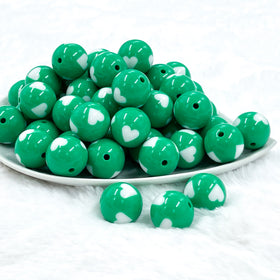 20mm Green with White Hearts Acrylic Bubblegum Beads
