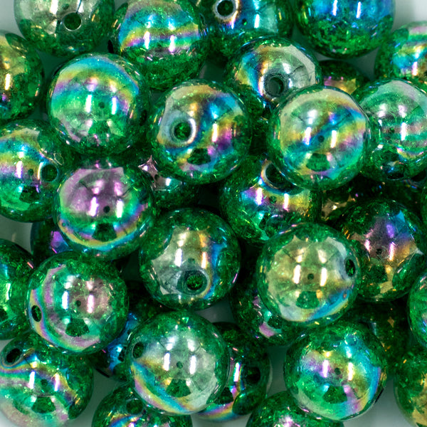 close up pile of a pile of 20mm Dark Green Crackle AB Bubblegum Beads