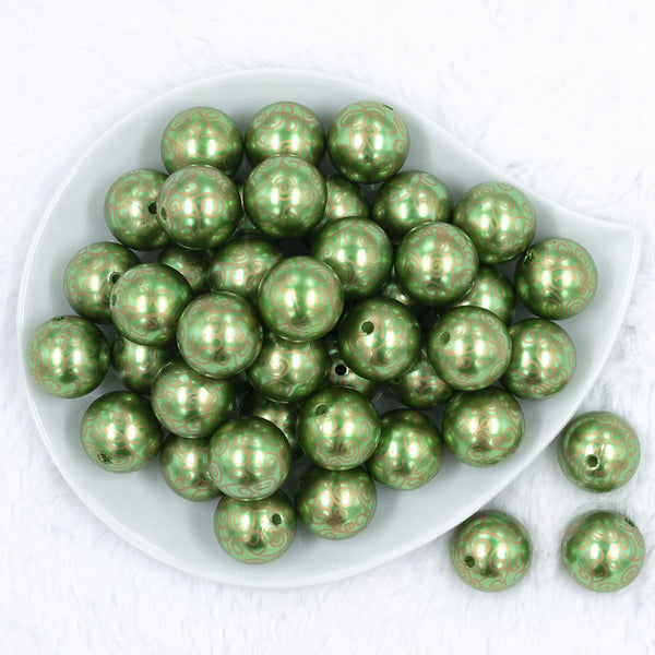 Top view of a pile of 20mm Green with Gold Filigree Printed Acrylic Bubblegum Beads