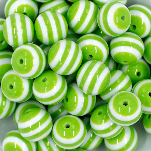 close-up of a pile of 20mm Green with White Stripes Chunky Bubblegum Beads