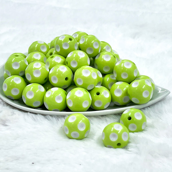 front of a pile of 20mm Lime Green with White Polka Dots Bubblegum Beads