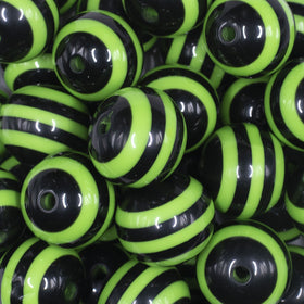 20mm Lime Green Stripes on Black Chunky Bubblegum Jewelry Beads