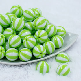 20mm Lime Green with White Stripe Beach Ball Acrylic Chunky Bubblegum Beads