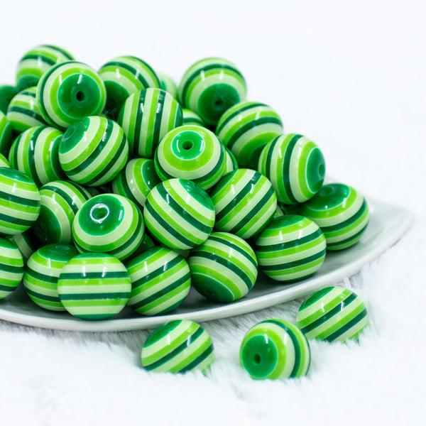 front view of a pile of 20mm Multi Green Stripe Bubblegum Beads