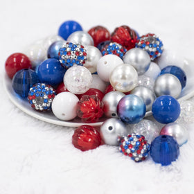 20mm Red, White & Blue Patriotic Acrylic Bubblegum Bead Mix [50 Count]