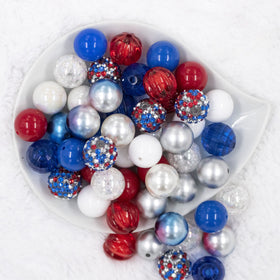20mm Red, White & Blue Patriotic Acrylic Bubblegum Bead Mix [50 Count]