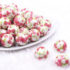 Front view of a pile of 20mm Red Floral Print Acrylic Bubblegum Beads