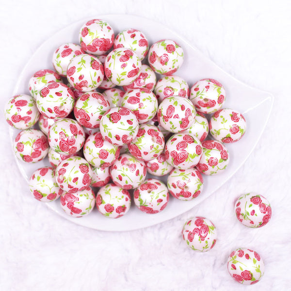 Top view of a pile of 20mm Red Floral Print Acrylic Bubblegum Beads