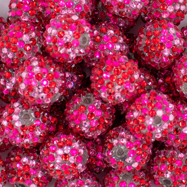 close up view of a pile of 20mm Pink & Red Rhinestone AB Bubblegum Beads
