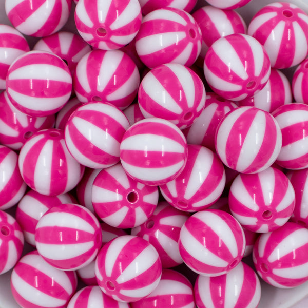 20mm Hot Pink with White Stripe Beach Ball Acrylic Bubblegum Beads