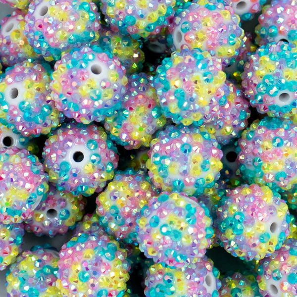 close up view of a pile of 20mm Purple, Pink & Blue Confetti Rhinestone AB Bubblegum Beads