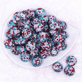 20mm Red, Teal and White Confetti Rhinestone AB Bubblegum Beads