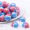 Front view of a pile of 20mm Red and Blue Chevron Bubblegum Beads