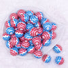 Top view of a pile of 20mm Red and Blue Chevron Bubblegum Beads