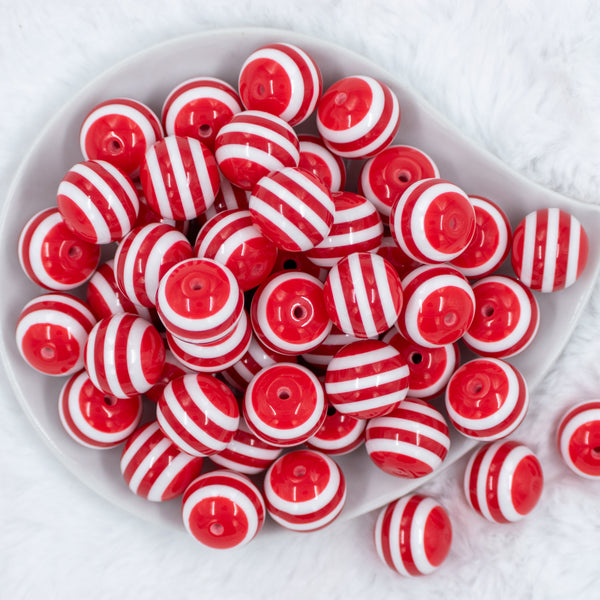 top view of a pile of 20mm Red with White Stripes Bubblegum Beads