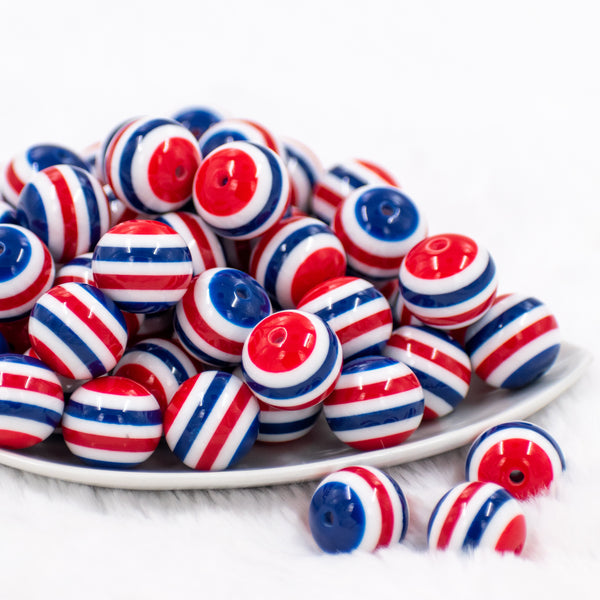 front view of a pile of 20mm Red, White & Blue Stripe Bubblegum Beads