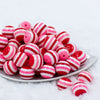 front view of a pile of 20mm Red, Pink & White Stripe Bubblegum Beads