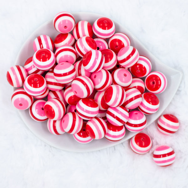 top view of a pile of 20mm Red, Pink & White Stripe Bubblegum Beads
