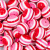 close up view of a pile of 20mm Red, Pink & White Stripe Bubblegum Beads