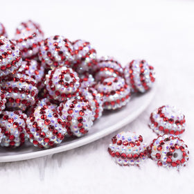 20mm Red & White Striped Rhinestone AB Bubblegum Beads