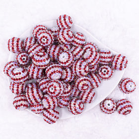 20mm Red & White Striped Rhinestone AB Bubblegum Beads