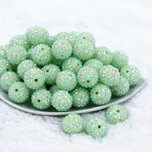 front view of a pile of 20mm Spearmint Green Rhinestone AB Bubblegum Beads