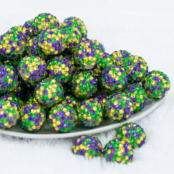 front view of a pile of 20mm Green, Yellow & Purple Confetti Rhinestone AB Bubblegum Beads