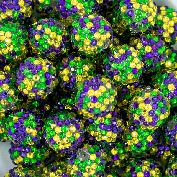 close up view of a pile of 20mm Green, Yellow & Purple Confetti Rhinestone AB Bubblegum Beads