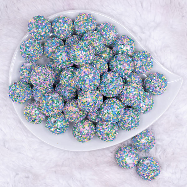 top view of a pile of 20mm Blue Pastel Sequin Confetti Bubblegum Beads