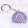Front view of a pile of 32mm x 35mm Pink Mama Keychain with leopard print design on silver background