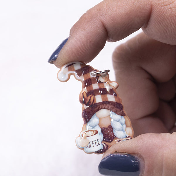 Front view of a Coffee Gnome Female Pendant with hoop 39x32mm