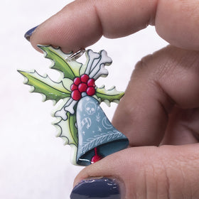 Christmas Bell with Holly and Skull Pendant with hoop 31x42mm